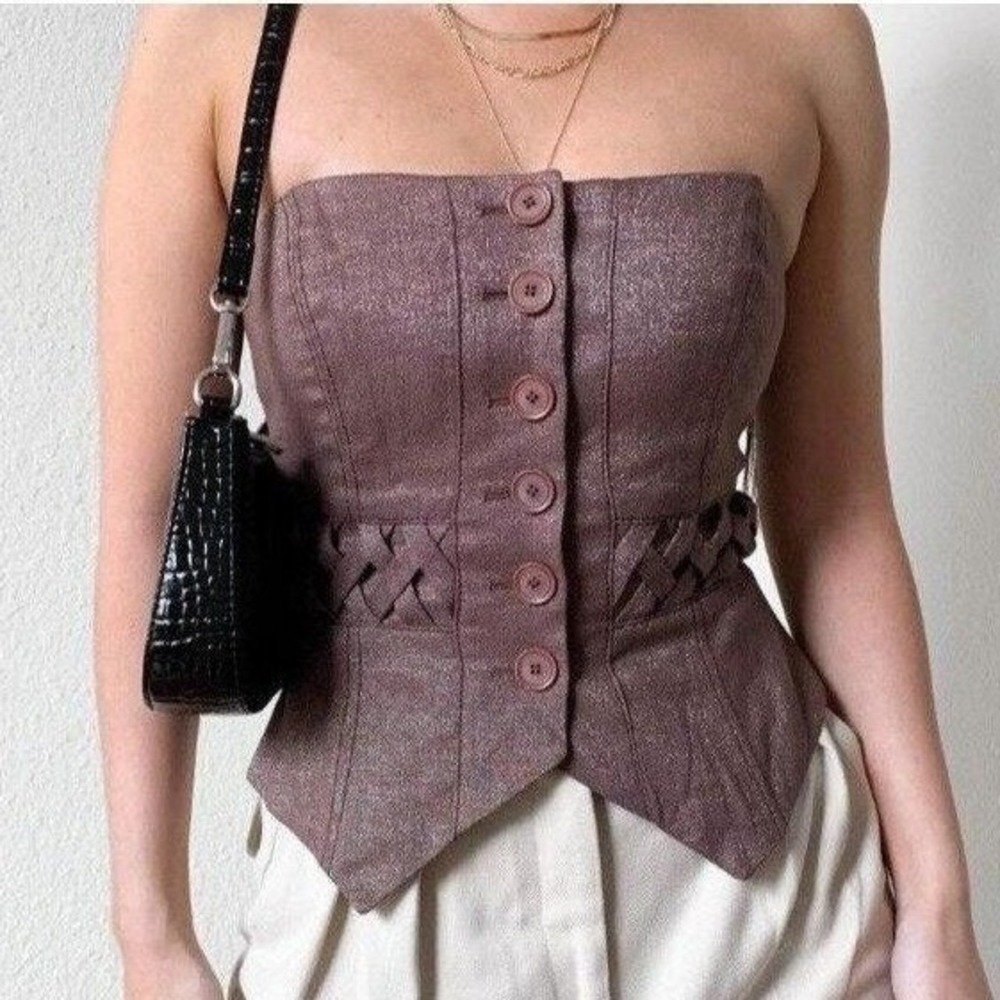Bebe Havana Brown Metallic Strapless Corset Top Woven Waist Size 4 Dark Academia